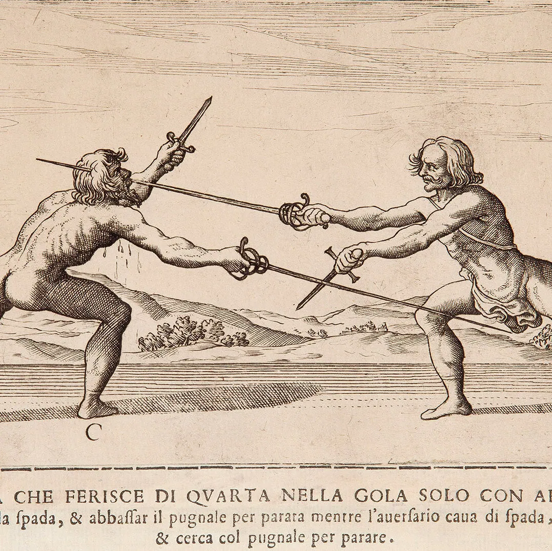 Historical engraving of two fencers in a rapier and dagger bout